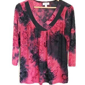 Vtg. Dressbarn Burnout 3/4 Sleeve Shirt Red Black Size L Y2K Whimsigoth Grunge